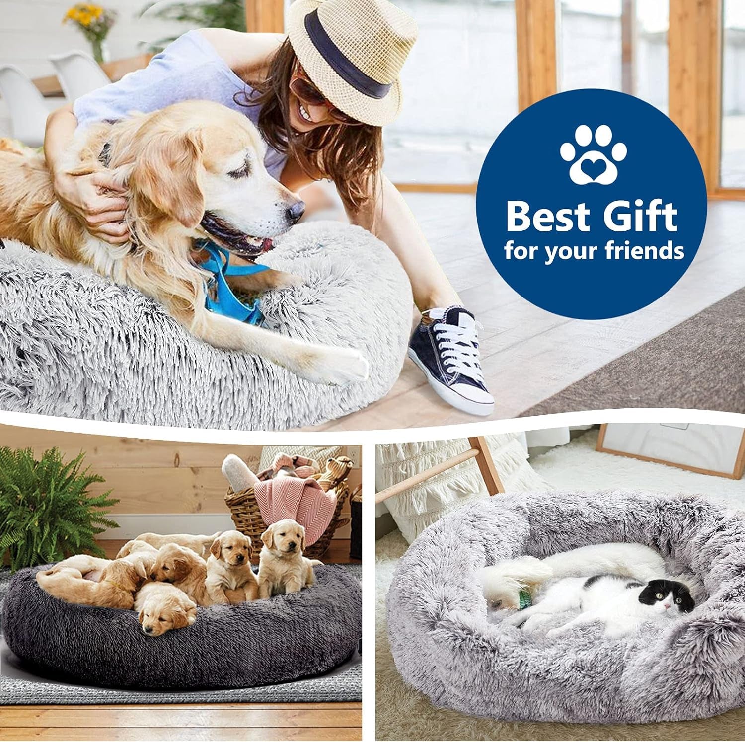 Calming Donut Dog Bed for Small Medium Large Dogs, Washable Plush round Cat Bed, Anti-Slip Faux Fur Fluffy Donut Cuddler anti Anxiety Dog Bed, Fits up to 15-100 Lbs, 23/31/43/47 Inches